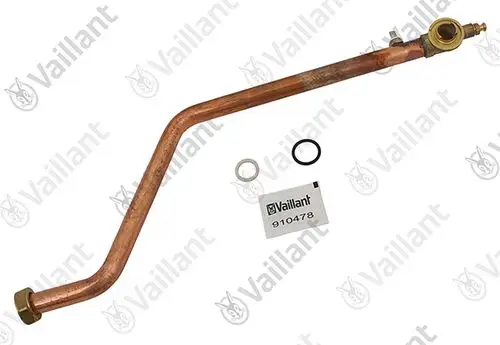 Kupferrohr von Vaillant mit zwei Anschlüssen und O-Ringen. Anordnung in gebogener Form, geeignet für Heizungsinstallation und -systeme.